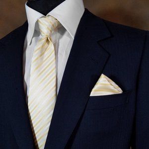 NEW Luciano Ferretti Silk Tie w/Pocket Square - Yellow & Ivory Stripes